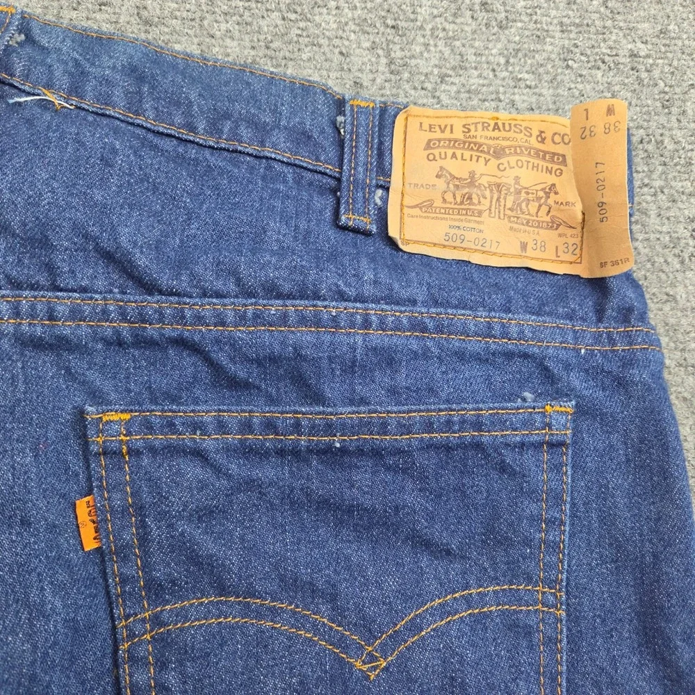 Vintage Levis 509 Jeans 38x32 Blue Orange Tab 80s USA Made Straight Leg 509-0217